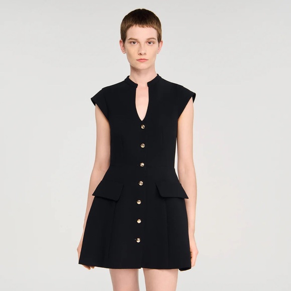 Sandro | Dresses | Sandro Black Mini Dress With Gold Buttons | Poshmark